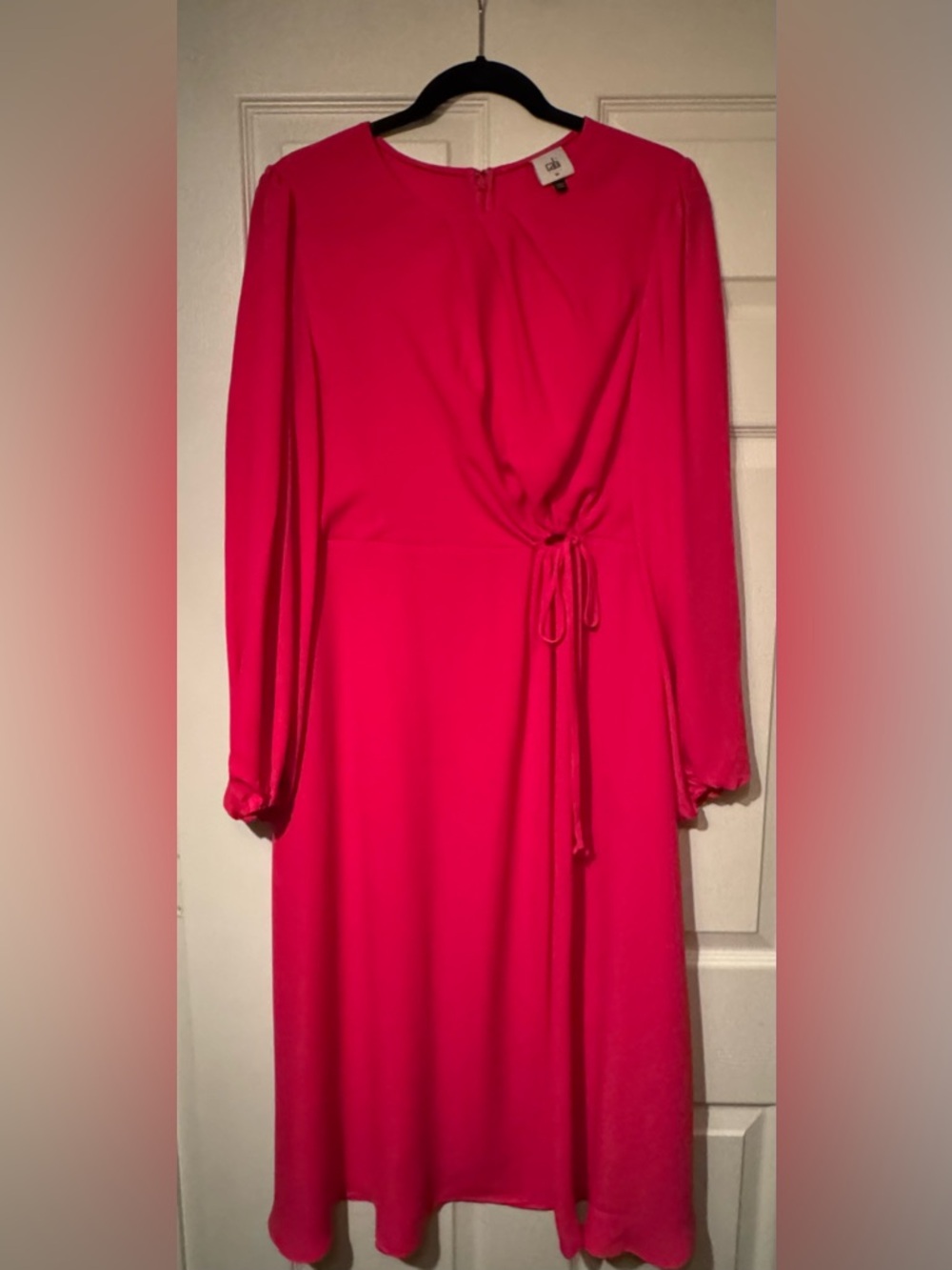 CAbi Sz Medium Delight 6578 Hot Pink Long Sleeve Tie-Waist Dress